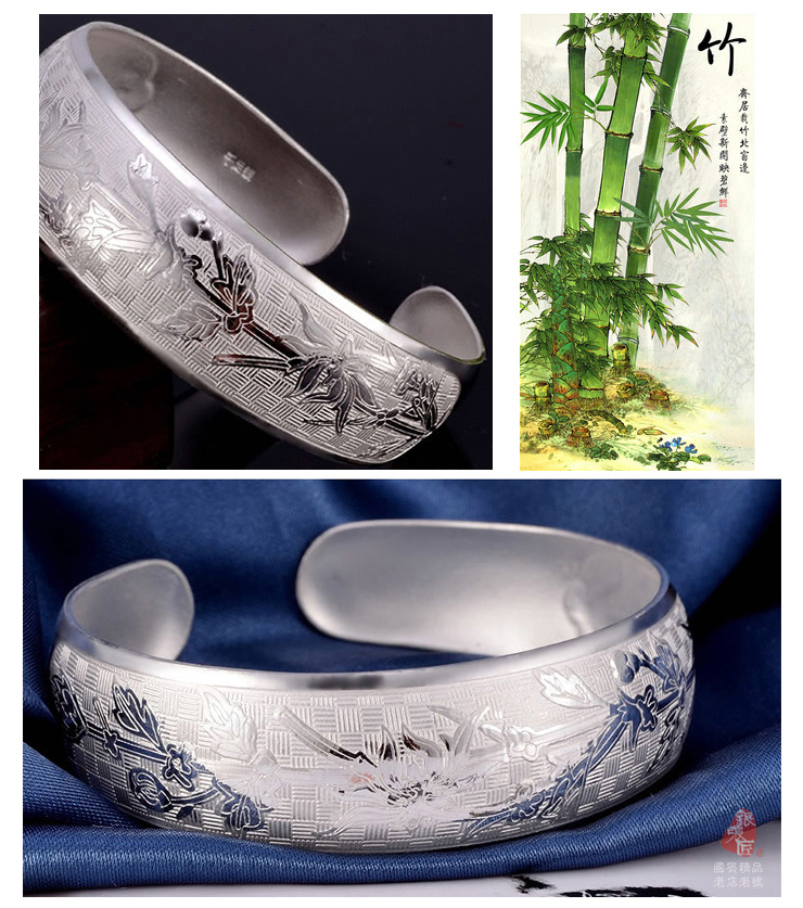 张银匠银饰品 民族风 S999千足银 虚怀若竹 宽面银手镯27g多-28g多(多款可选) 虚怀若竹图片