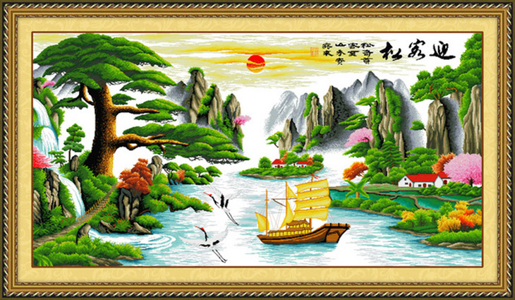 
                                        绣美人精准数码印布十字绣迎客松财运版风景客厅挂画套件                