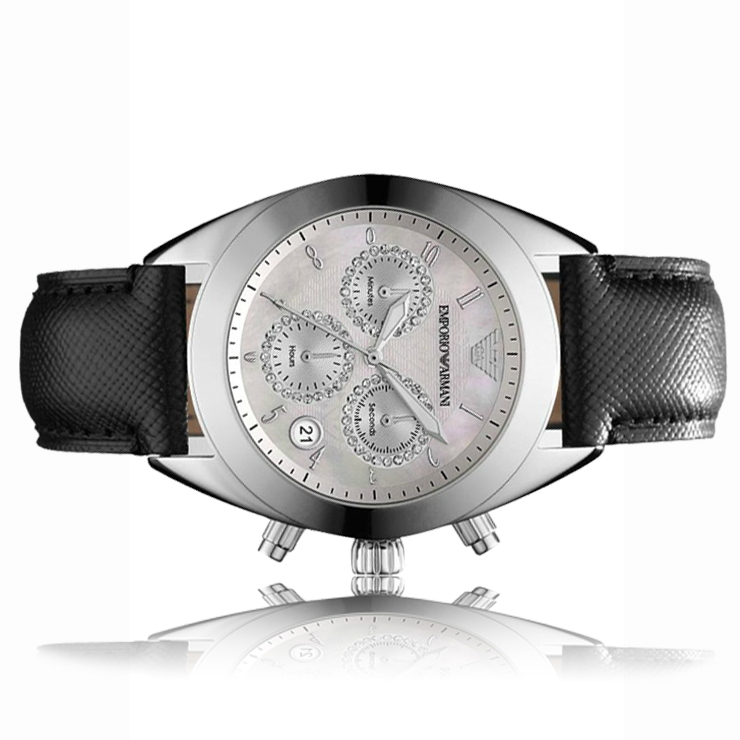 阿玛尼新款镶钻深海贝壳表盘皮带圆盘女表 皮