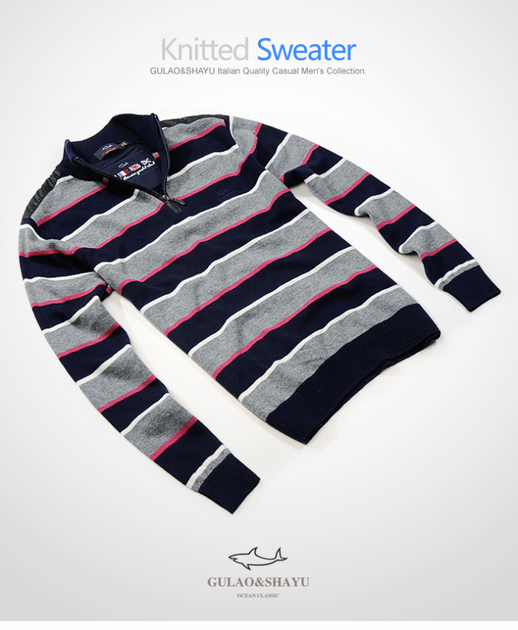 古老鲨鱼秋冬精品男装羊毛衫撞色条纹半高领套