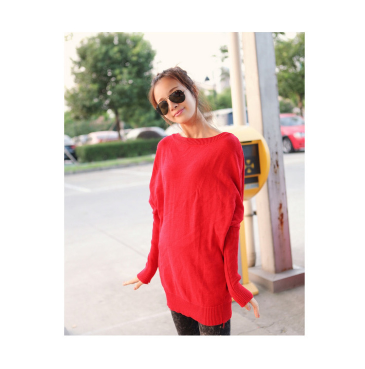 俊尚美 中长款毛衣秋装外套 蝙蝠袖长袖套头针