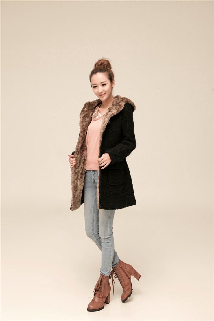 士哲 冬季新品中长款连帽毛呢外套呢子大衣yb