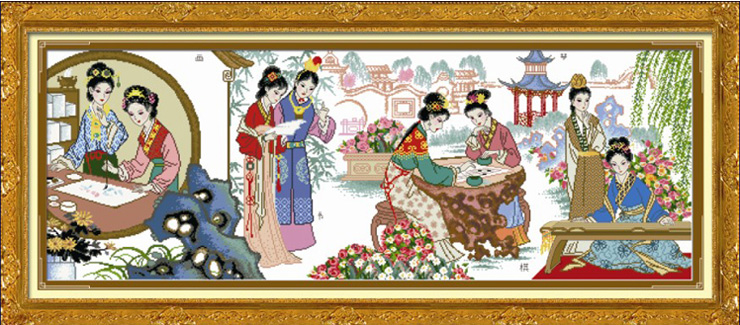 妮彩 精准印花布十字绣套件 红楼梦人物 客厅大幅装饰挂画 琴棋书画329x133CM 高端丝线