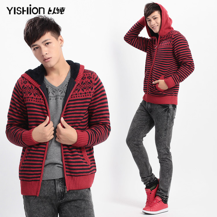 以纯2012秋冬装男装<em>带帽</em>长袖<em>外套毛衣</em> 男士线