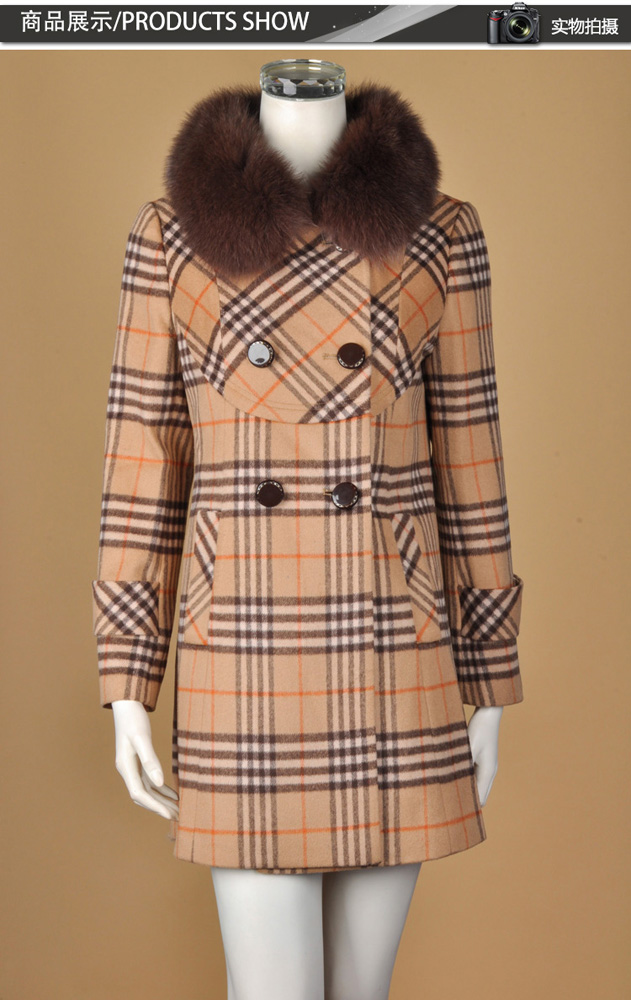 贝诗奴 Basynu 冬装新款 高贵双排扣格子皮草狐