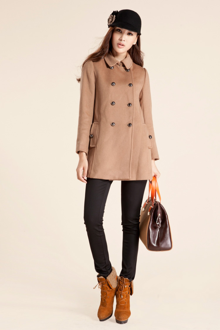 三彩专柜品质女装 双排扣修身毛呢外套大衣14