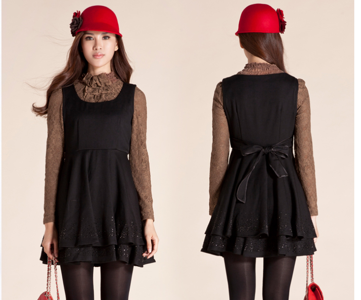 三彩专柜品质女装 修身毛呢无袖连衣裙14151