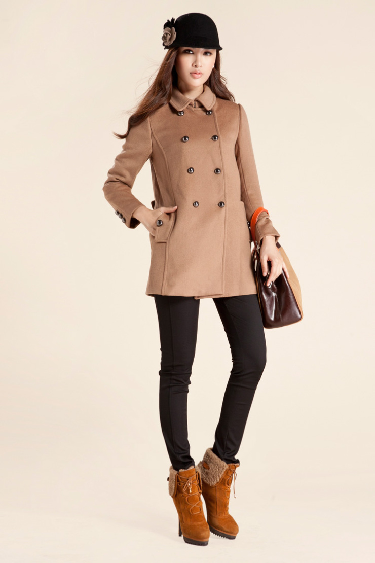 三彩专柜品质女装 双排扣修身毛呢外套大衣14