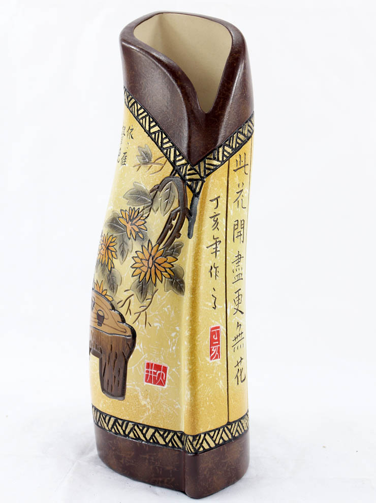 大井陶艺花口瓶咏菊原创手工陶艺工艺品礼品摆