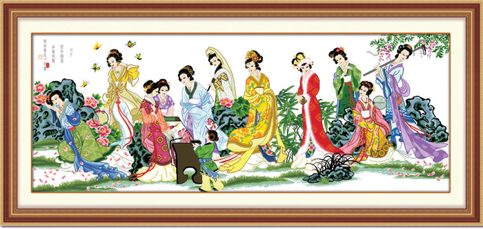 妮彩 精准印花布十字绣套件 红楼梦人物 客厅大幅装饰挂画 琴棋书画329x133CM 高端丝线
