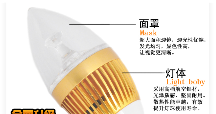 晶映照明LED节能蜡烛灯泡3W尖泡/拉尾E14螺口球泡 导光柱尖泡-6瓦白光-E14