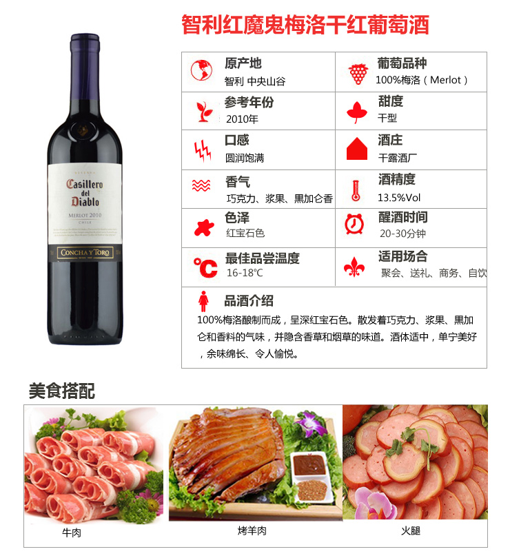 智利原瓶进口 红魔鬼梅洛干红葡萄酒750ml*6 