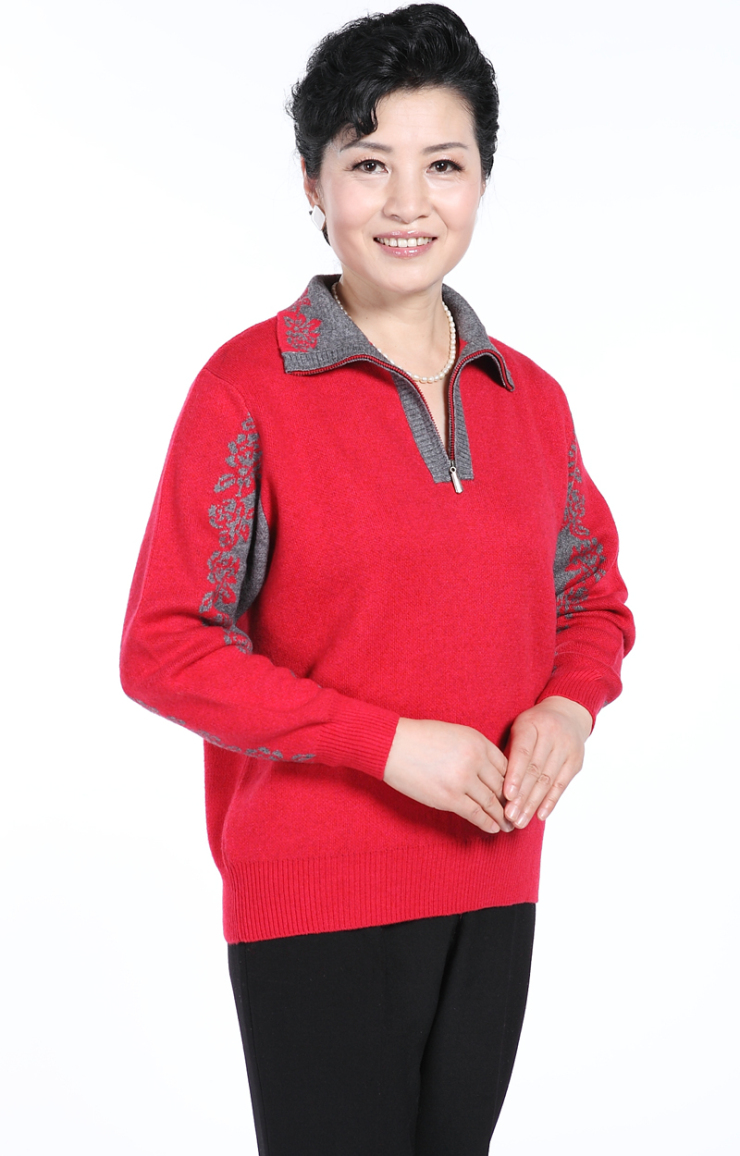 中年女装秋装新品 翻领长袖毛衣 中老年妈妈装