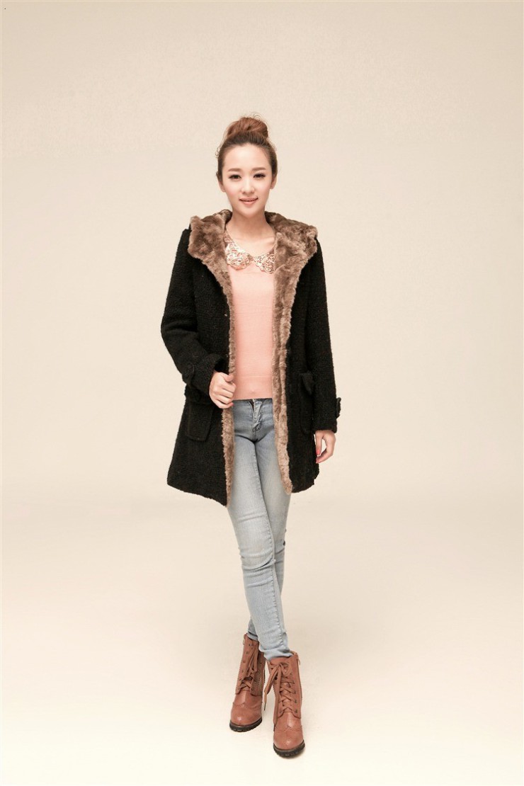 士哲 冬季新品中长款连帽毛呢外套呢子大衣yb