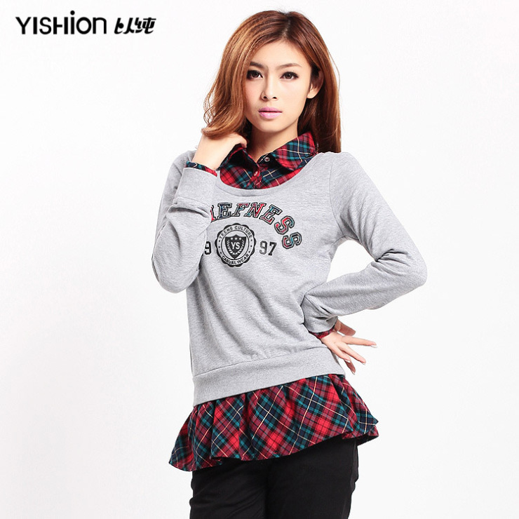 以纯新款女装长袖假两件中长绣花卫衣针织衫 