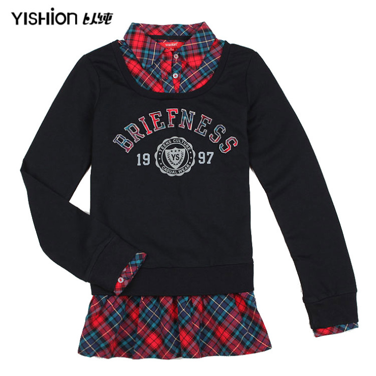 以纯新款女装长袖假两件中长绣花卫衣针织衫 