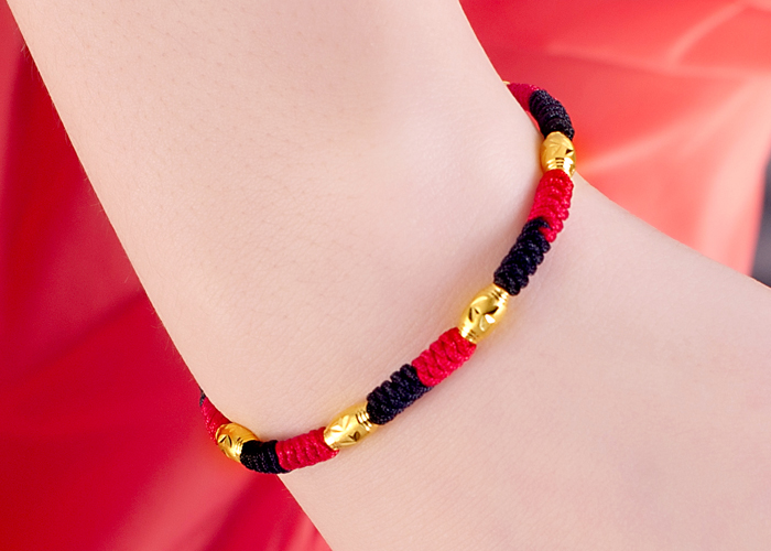 伊生缘 999千足金黄金转运珠红绳手链 路路通