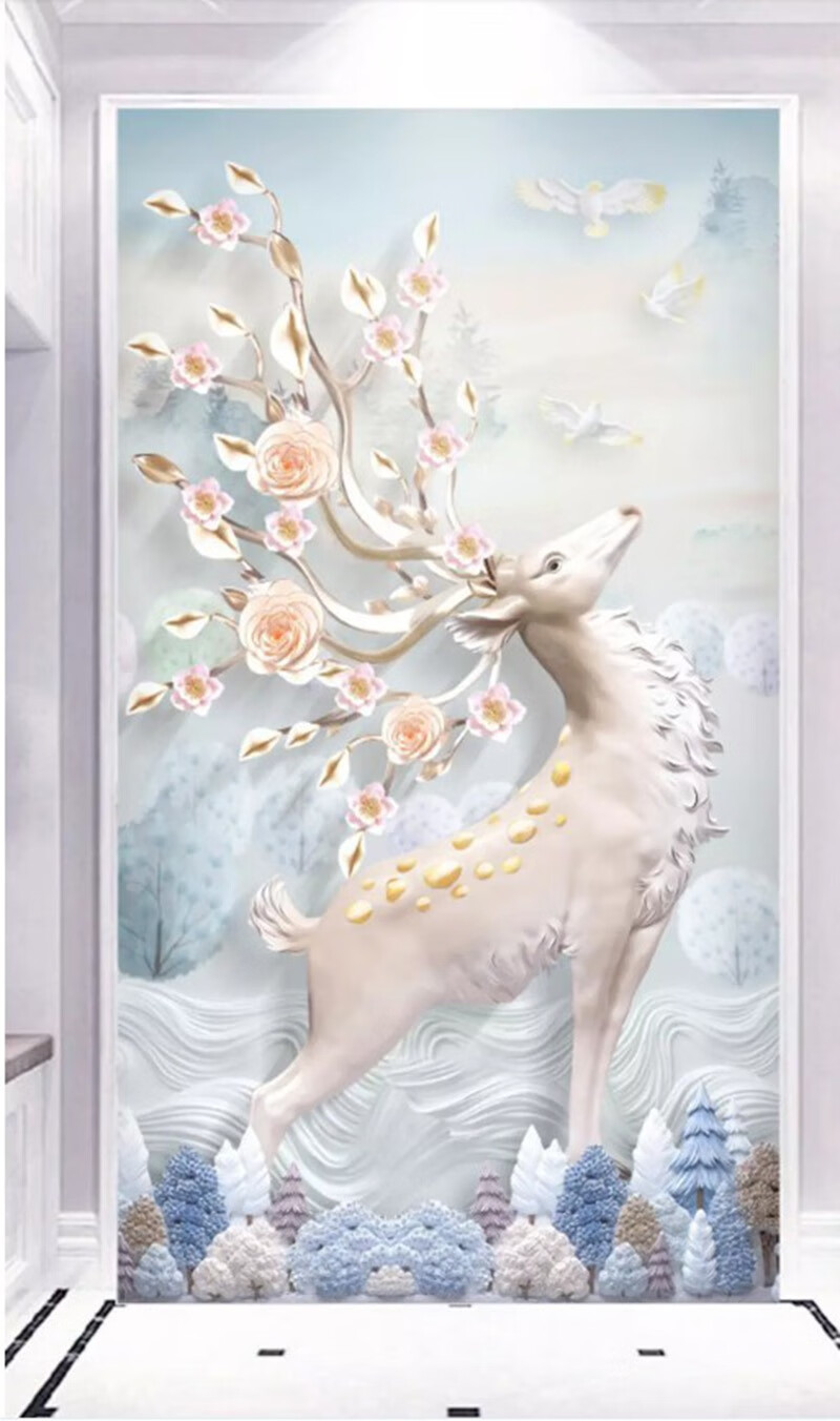 六纹鱼现代简约8d浮雕立体发财树玄关背景墙北欧发财鹿走廊过道墙纸