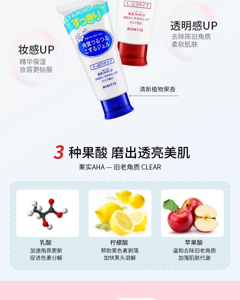 露姬婷（Rosette）果酸面部啫喱磨砂膏温和去角质凝胶啫喱面部男女可全身去死皮120g 红色保湿型