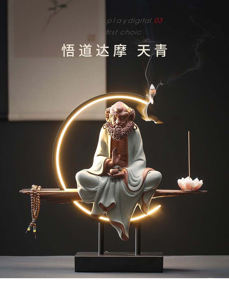 炼器 创意新中式禅意达摩祖师佛像摆件陶瓷客厅玄关工艺品摆设倒流香