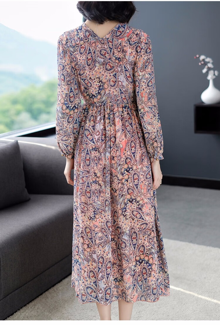 珂曼苏品牌女装重磅真丝连衣裙女2020春夏新款气质领长袖碎花收腰系带
