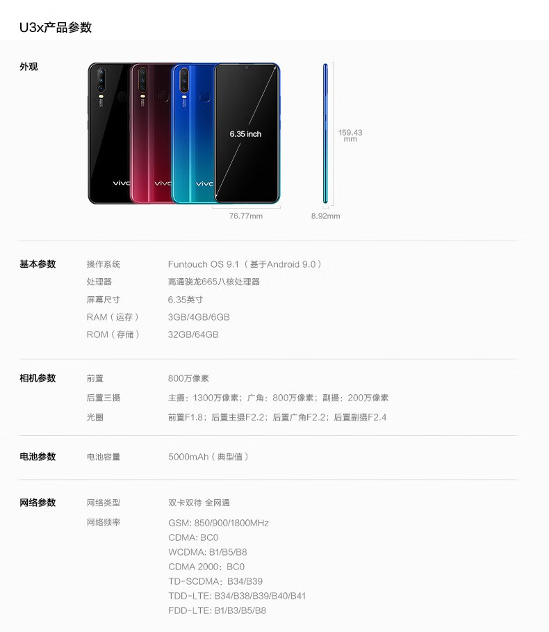 vivou3的参数,vivou3充电器型号 vivo u3x手机4g【低至799起】全网通水滴全面屏ai三摄