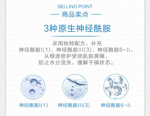 SELLING POINT商品卖点3种原生神经酰胺采用独特配方,补充神经酰胺(1)、神经酰胺川(③3)、神经酰胺6-从根源修护受损肌肤屏障,防止水分流失,缓解干燥状态。神经酰胺(1)神经酰胺川(3)神经酰胺6-1-推好价 | 品质生活 精选好价