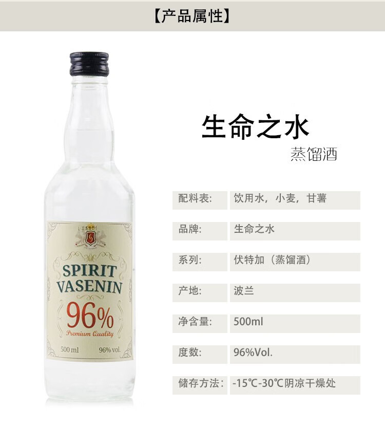 96度生命之水 高度酒 波兰原瓶进口伏特加蒸馏
