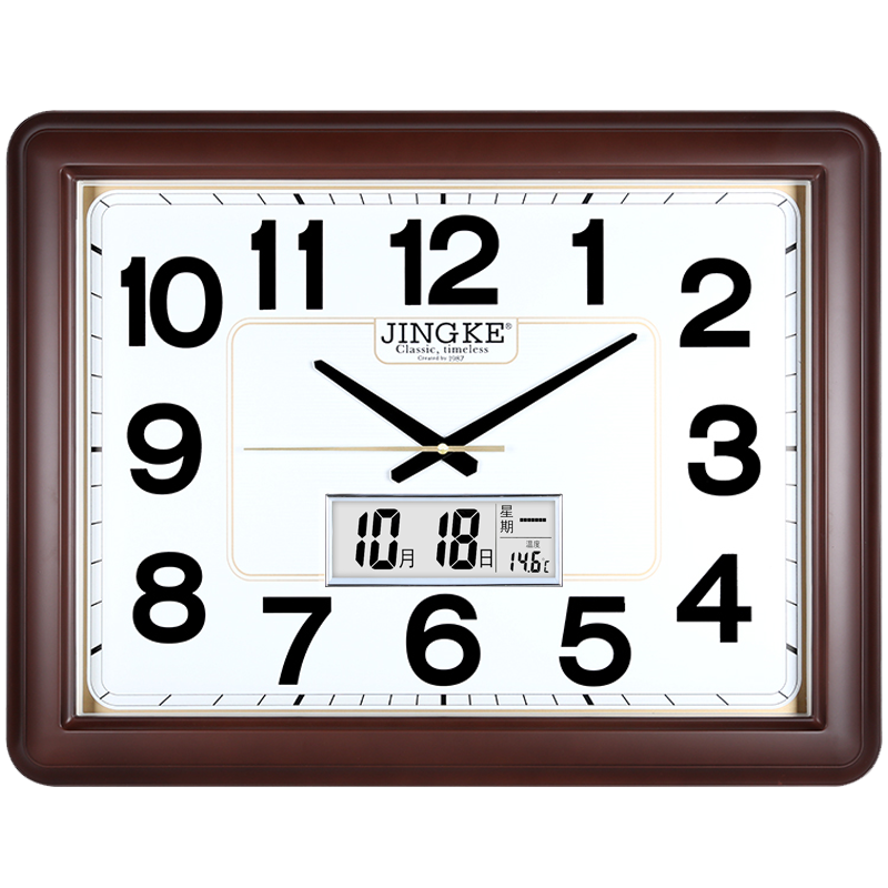 精科 钟 0339 50*42*4.5cm  大号钟表挂钟客厅大尺寸时钟大厅石英钟挂墙时钟会议室挂表万年历 橡木液晶款