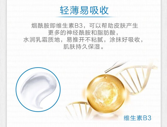 轻薄易吸收烟酰胺即维生素B3,可以帮助皮肤产生更多的神经酰胺和脂肪酸,水润乳霜质地,易推开不粘腻,涂抹好吸收,肌肤持久保湿。维生素B3-推好价 | 品质生活 精选好价
