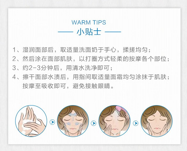 WARM TIPS小贴士1、湿润面部后,取适量洗面奶于手心,揉搓均匀2、然后涂在面部肌肤,以打圈方式轻柔的按摩各个部位;3、约2-3分钟后,用清水洗净即可4、擦干面部水渍后,用指间取适量面霜均匀涂抹于肌肤;按摩至吸收即可,避免接触眼睛-推好价 | 品质生活 精选好价