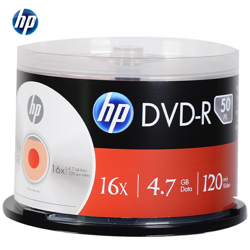 惠普（HP）DVD-R 光盘 刻录盘 空白光盘 16速4.7GB 办公系列 桶装50片