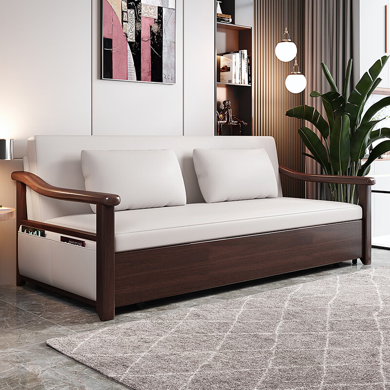 其他品牌 木骨架沙发 2050*950*1350 单人实木胡桃木色两用免洗科技布沙发床可折叠储物多功能小户型 米白色 单位：个