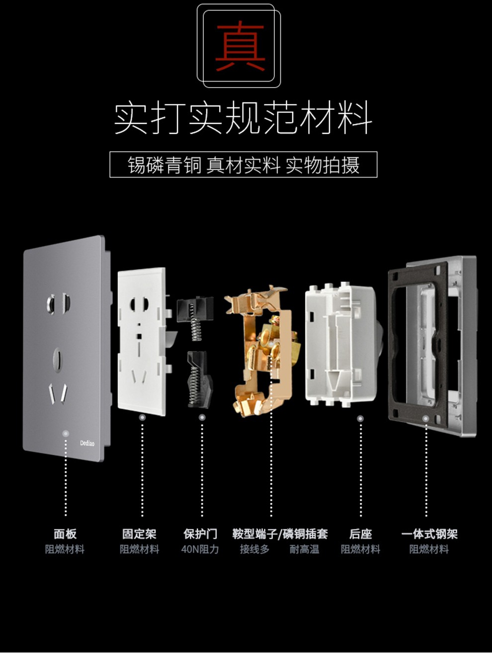 德雕dediao开关插座面板墙壁电源暗装空调高端灰色d12星空灰带开关二