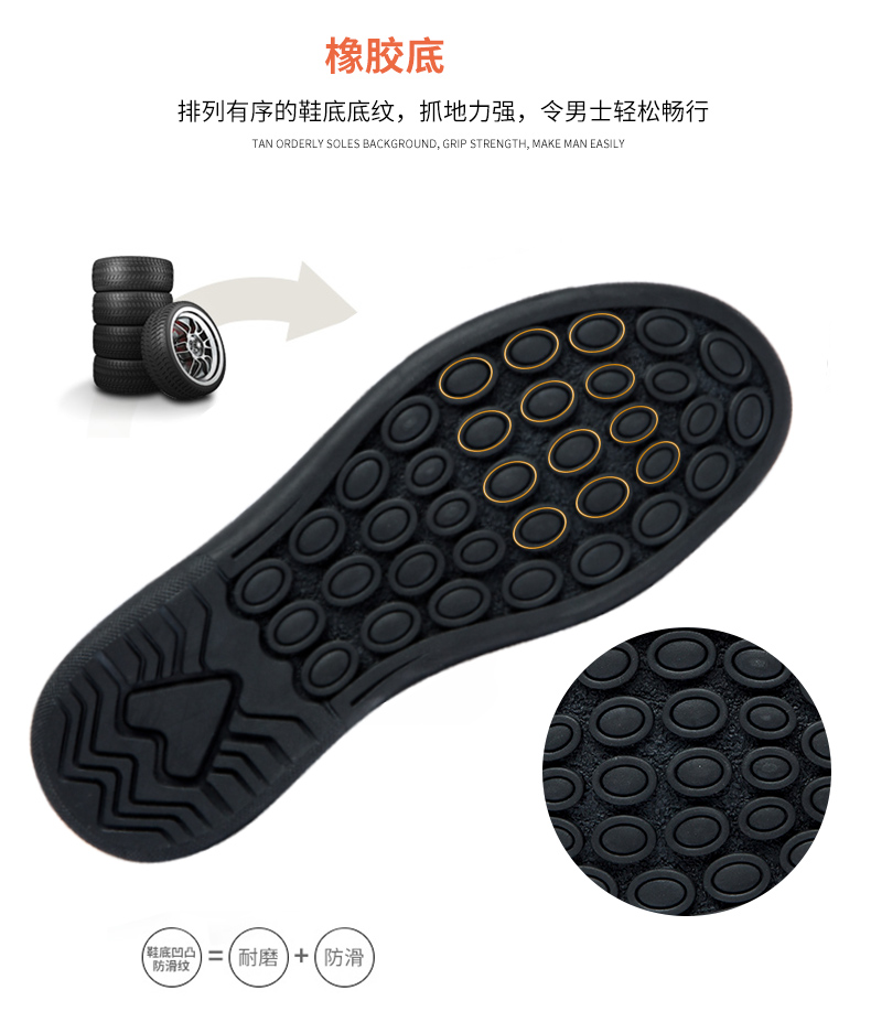 橡胶底排列有序的鞋底底纹,抓地力强,令男士轻松畅行ORDERLY SOLES BACKGROUND. GRIP STRENGTH. MAKE MAN EASILY=(耐磨)+(防滑-推好价 | 品质生活 精选好价