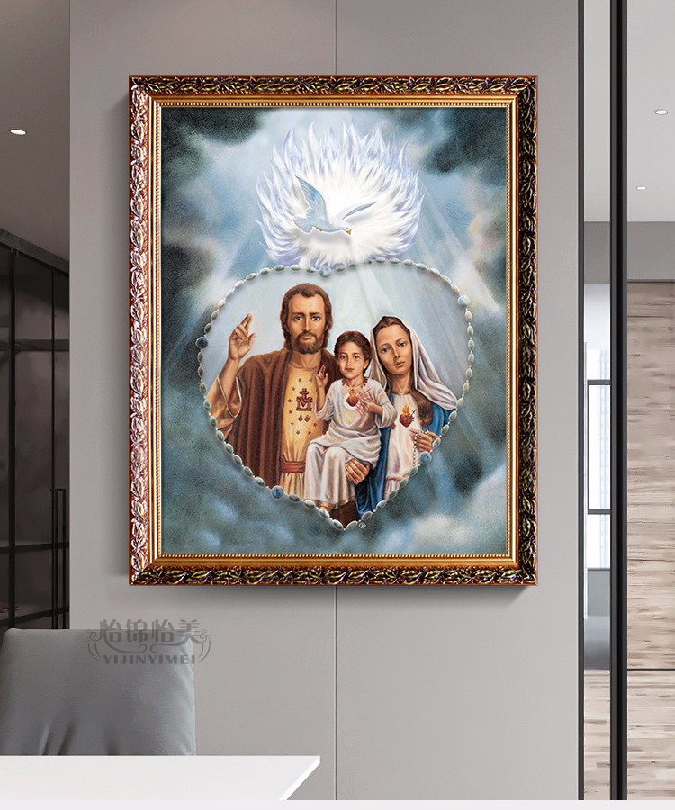 艺莫斯基督教欧式古典人物圣像画仿真画耶稣圣像圣家三口定制客厅沙发