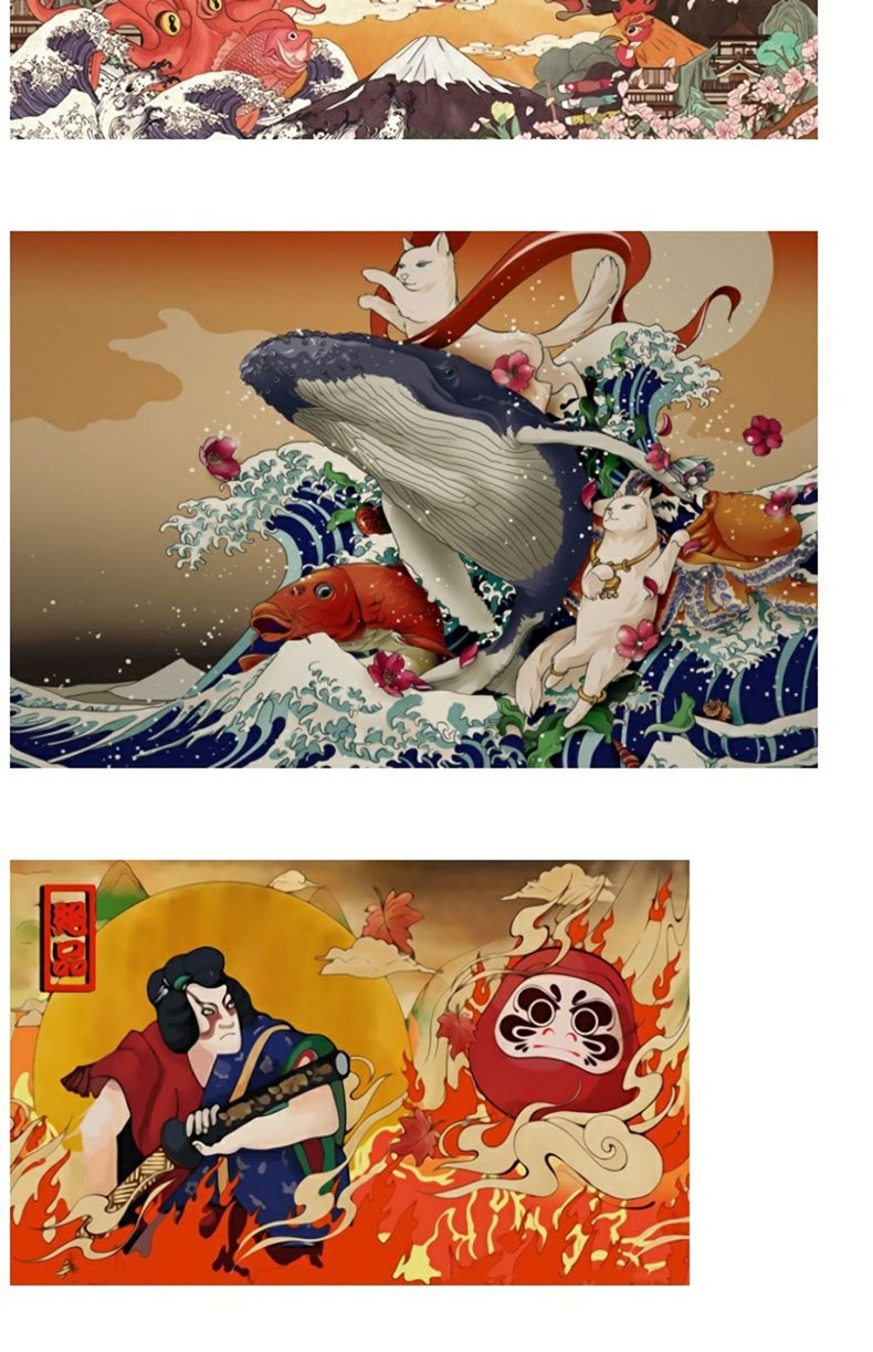 六纹鱼 日式手绘海浪浮世绘墙纸浪漫樱花日系餐厅日本