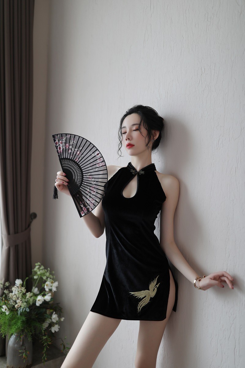 诱惑 情趣内衣套装 复古古典旗袍夜店丁字裤制服诱惑吊带丝袜 黑色