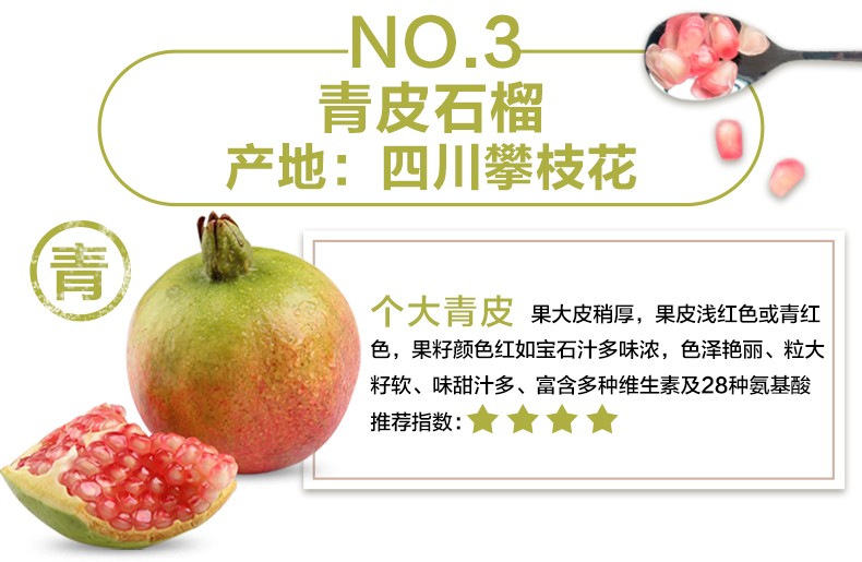NO青皮石榴产地:四川攀枝花青个大青皮果大皮稍厚,果皮浅红色或青红色,果籽颜色红如宝石汁多味浓,色泽艳丽、粒大籽软、味甜汁多、富含多种维生素及28种氨基酸推荐指数:★★★-推好价 | 品质生活 精选好价