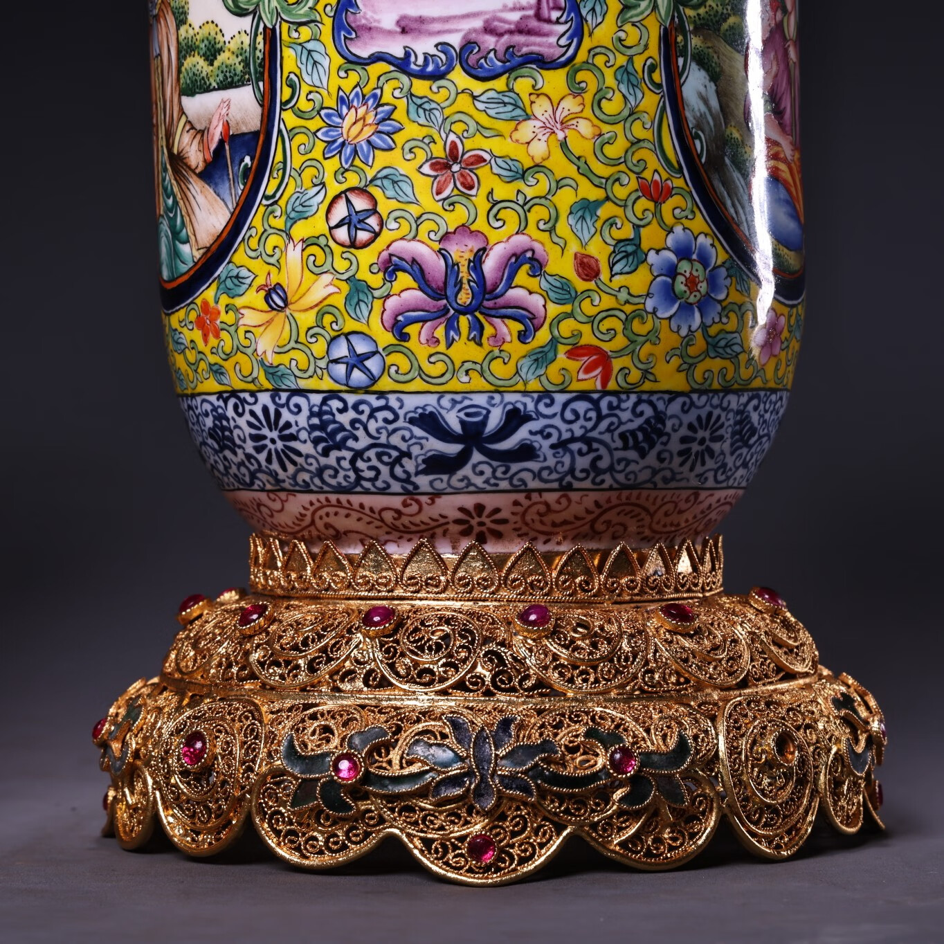 封品049：珍品旧藏宫廷纯银花丝鎏金底座铜胎手绘珐琅彩笔洗