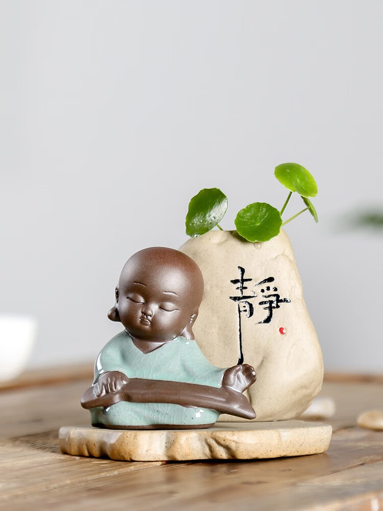 小和尚摆件禅意小沙弥茶宠摆件可养迷你小花器水培花瓶茶具 绘画静瓶