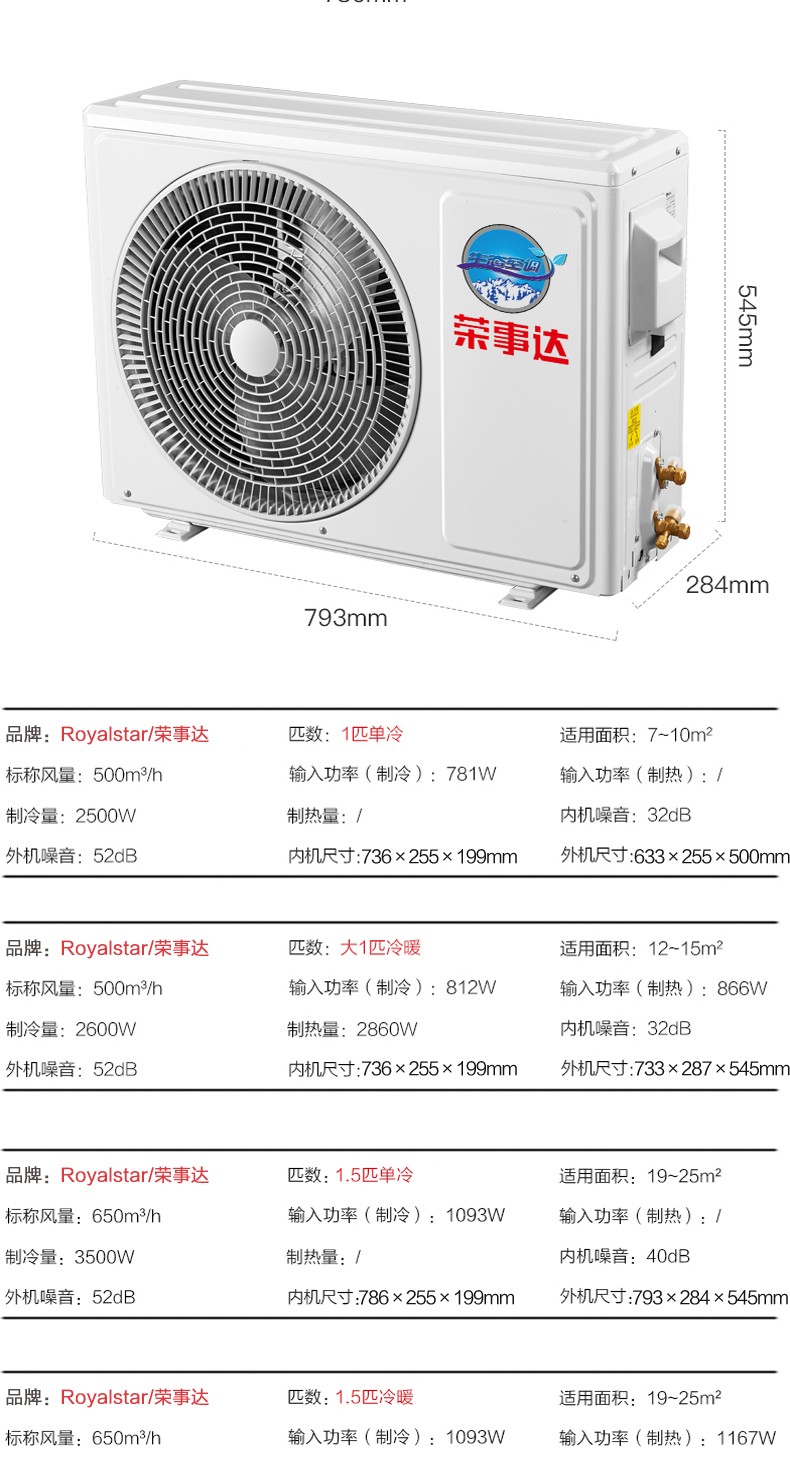 荣事达(royalstar)定频家用壁挂式空调挂机 卧室节能低音除湿省电出租