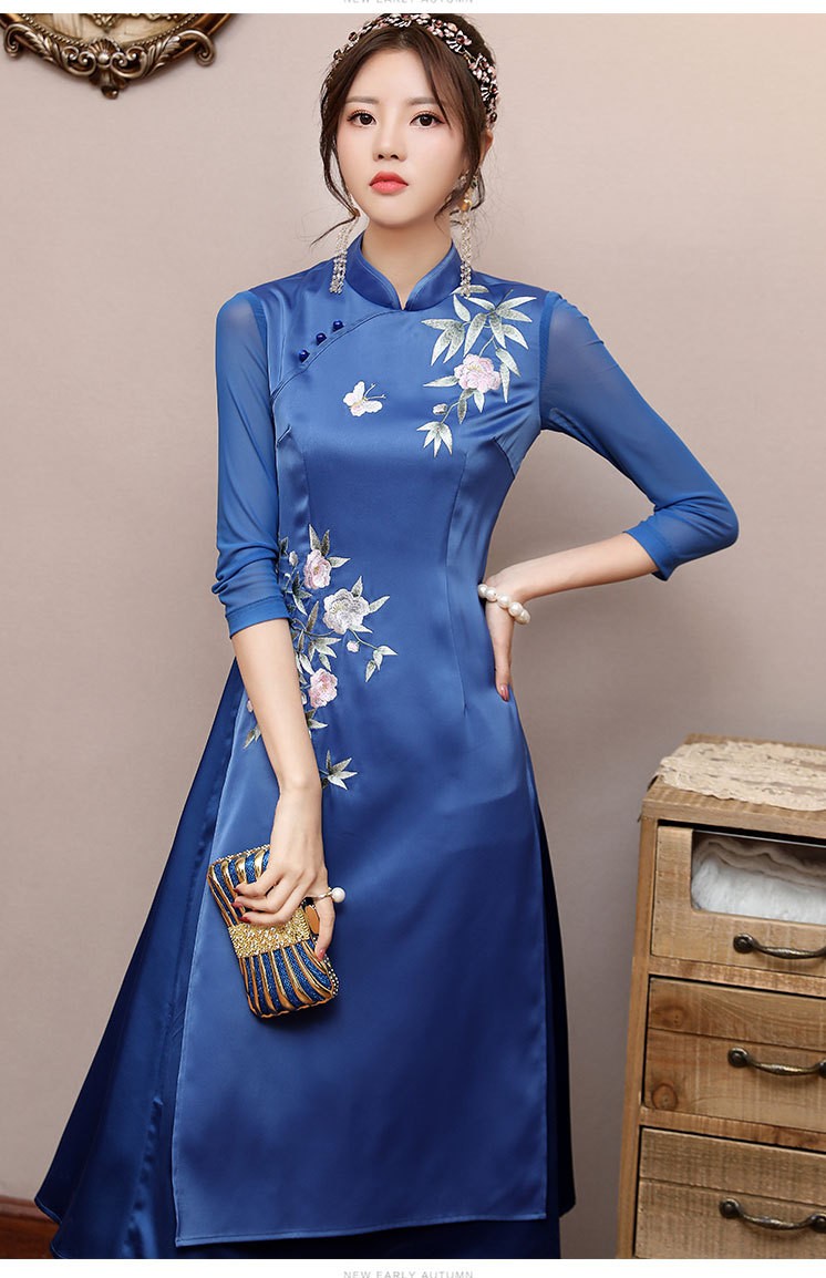 femly法曼丽 2020新款中国风女装立领重工刺绣假两件改良旗袍连衣裙o