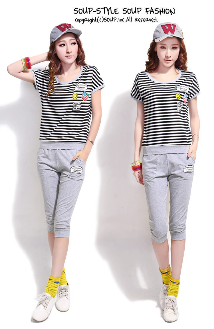 The Pei-hee 2015 new summer leisure package Korean Stylish Girl stripes short-sleeved 7 pants Kit uniforms blue XXL pictures, price, brand platters! Elections are good character, the national distribution, so why buy now enjoy more preferential! Health