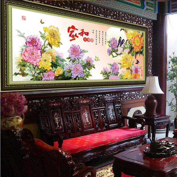 
                                        悠趣 手工绣丝带绣套件 大幅客厅装饰挂画 孔雀牡丹图花开富贵 A-293小版170x75CM                