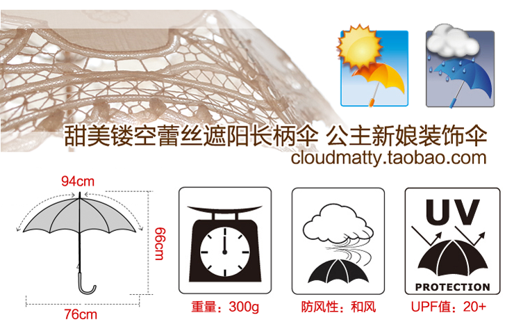 
                                        包邮 创意杂货 甜美镂空蕾丝遮阳长柄伞 公主新娘装饰伞/名媛刺绣                