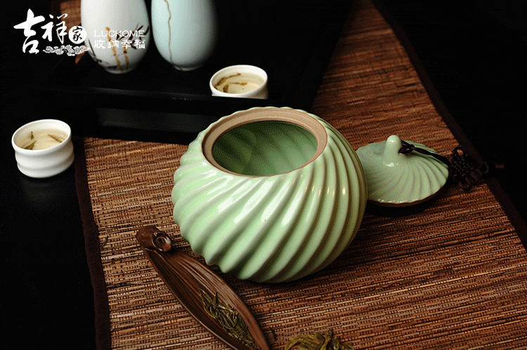 吉祥家 新中式汝窑茶叶罐 青韶 大号陶瓷密封罐创意家居储物罐必备瓷器礼品功夫茶具 茶叶罐青韶赠礼盒