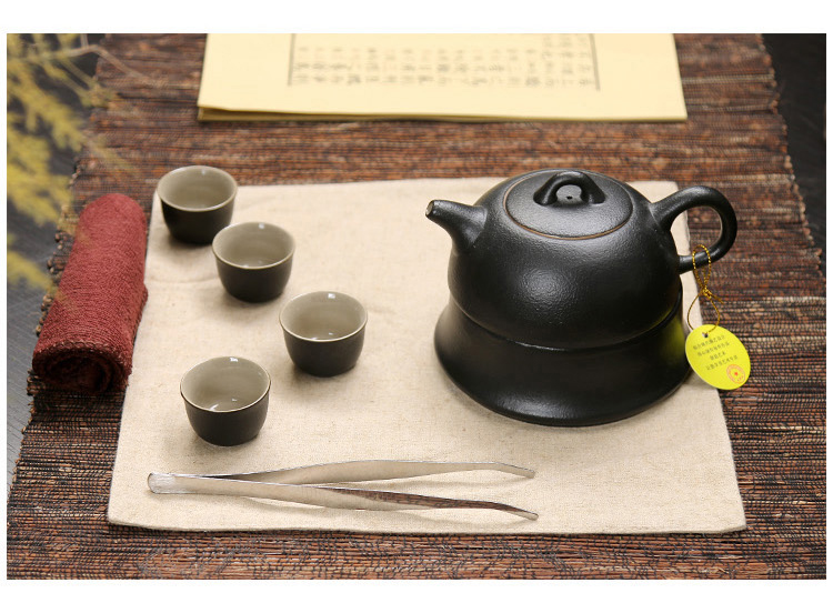 
                                        后瓷 手工黑陶粗陶旅行茶具 陶瓷功夫茶具 礼盒茶具套装 便携式办公茶壶茶杯套装                
