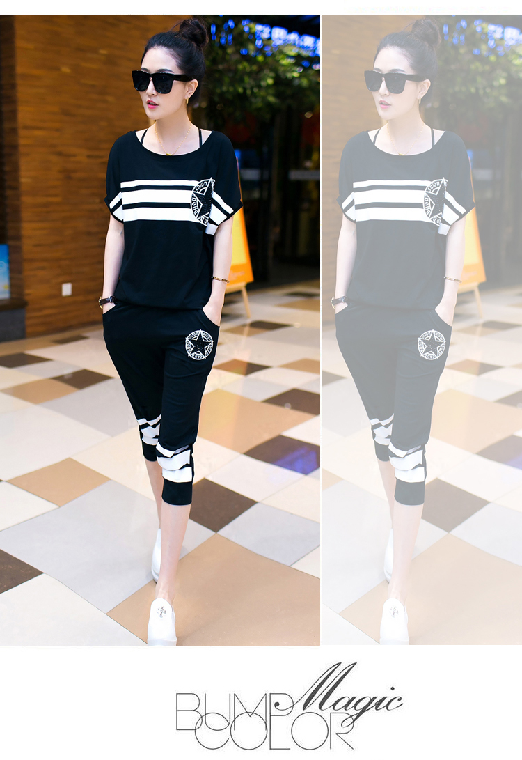 柯仕道2015夏季女装新款休闲套装薄款短袖七分裤运动服两件套H957 白色 M