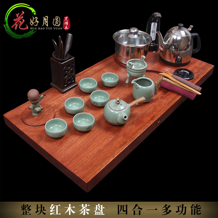 
                                        森煜 黑檀木茶具组合套装茶盘四合一功夫茶具全套  双炉自动上水 多种款式茶具可选 整木四合一花好月圆80*40全套装                